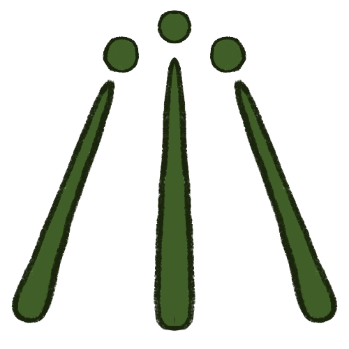 three lines that point upwards towards a centre point. They are wider at the bottom and taper at the top. There is a dot at the top of each line. The symbol is green